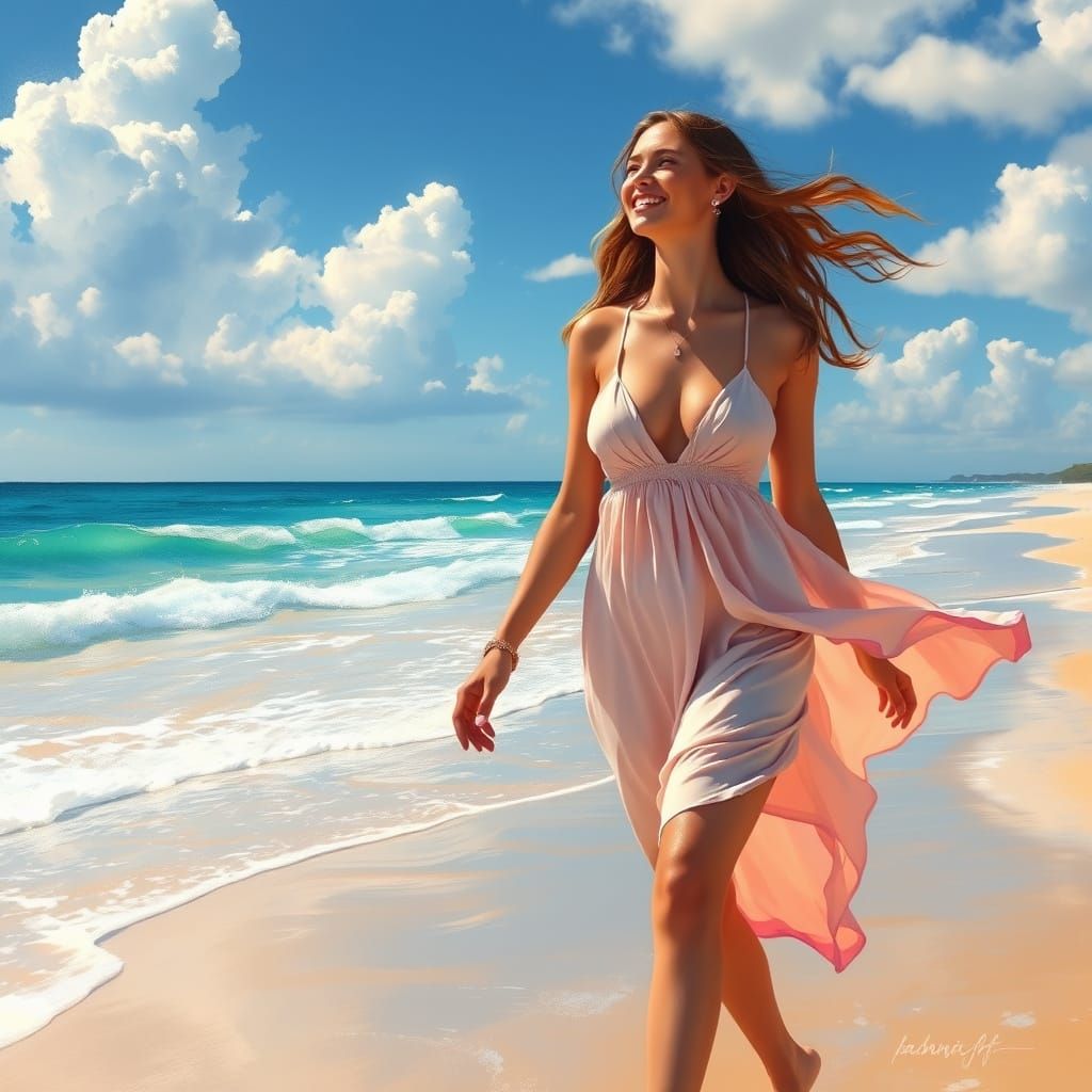 Elegant Woman Walking on Beach in Impressionist Style