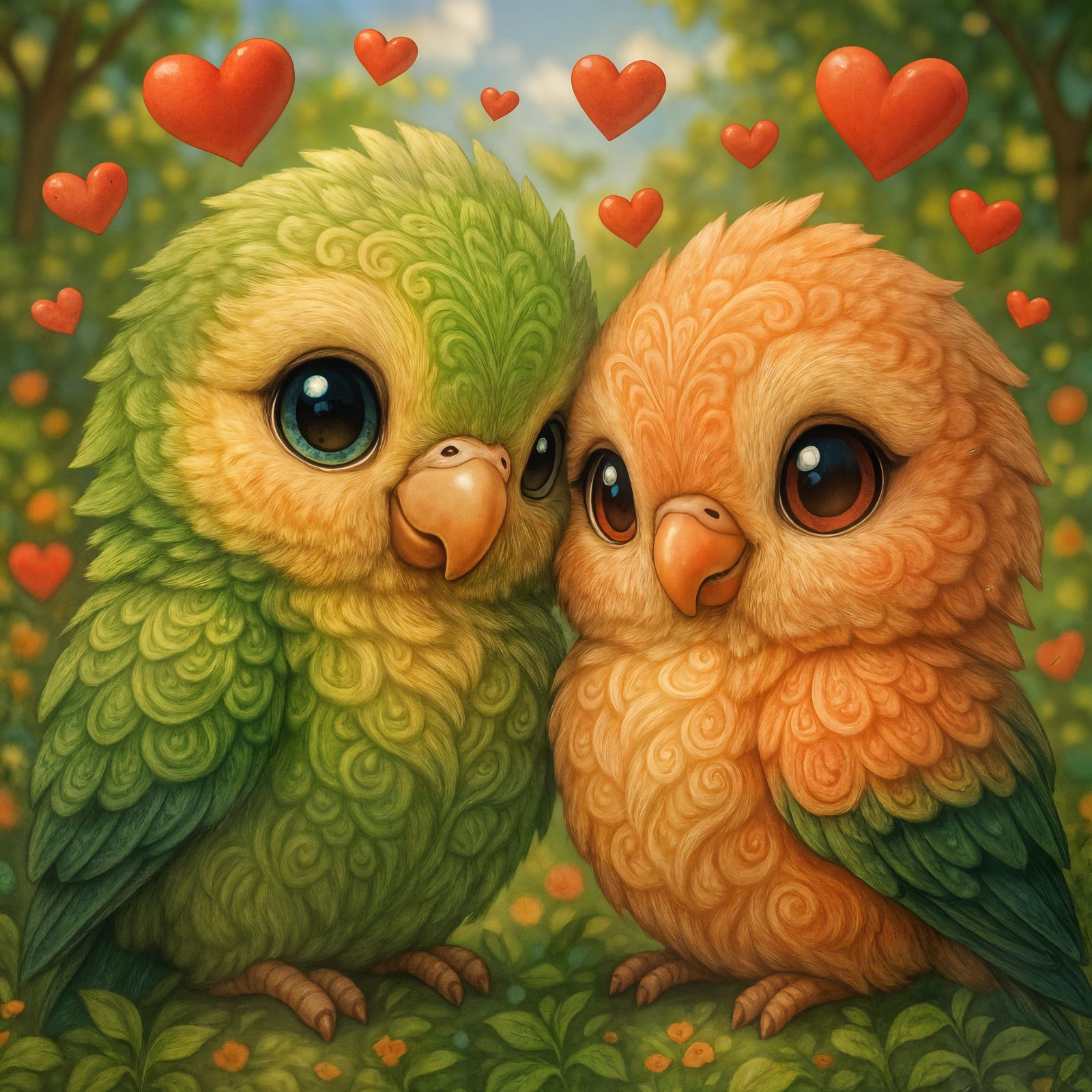 Chibi Lovebirds in a Heart Garden: Adorable Digital Art