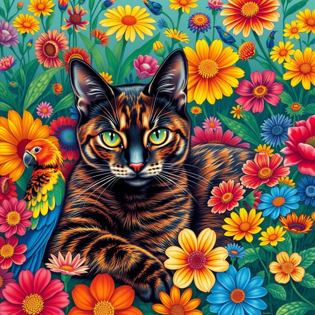 Cat and Parrot in a Kaleidoscopic Garden