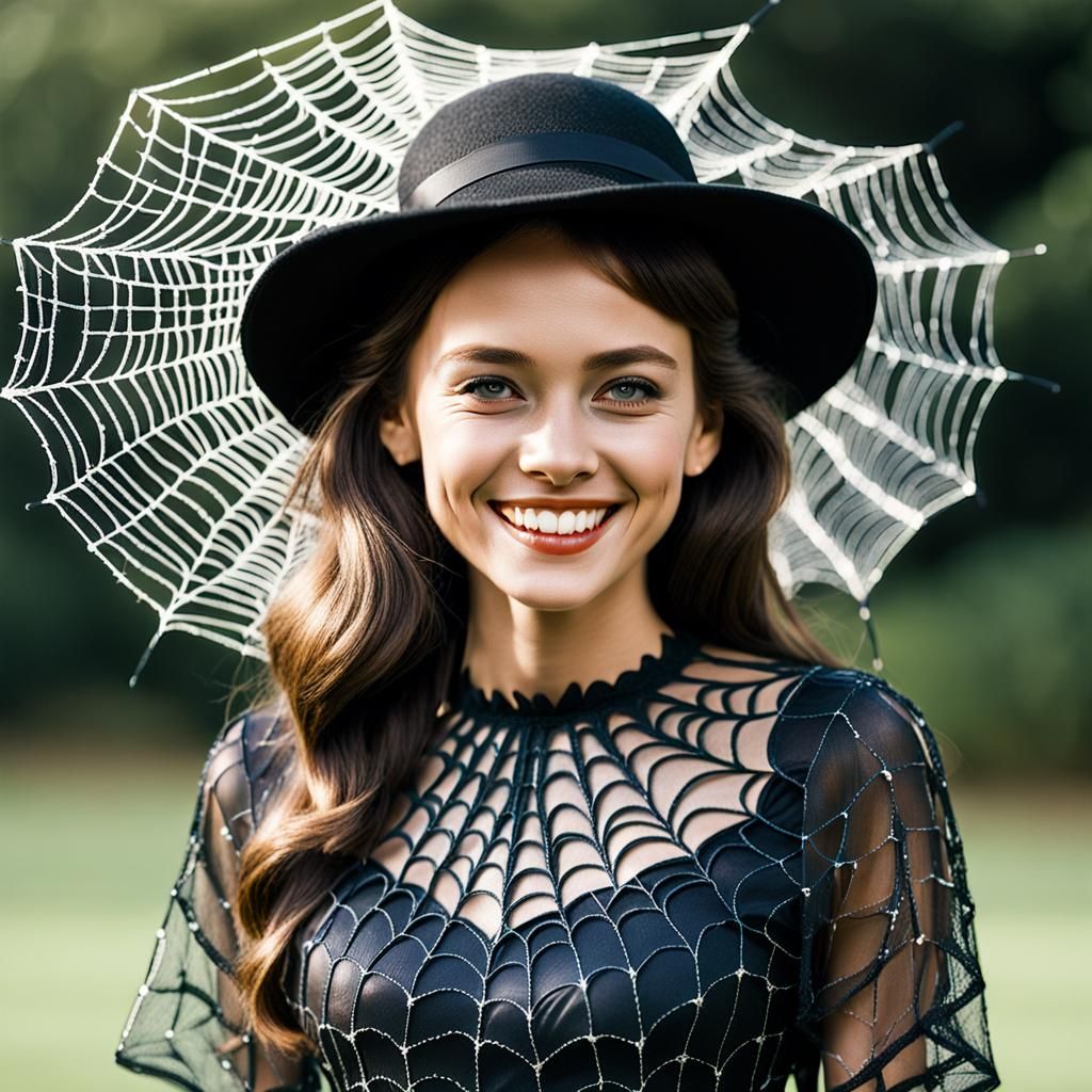 Woman in Cobweb Dress and Hat Smiling