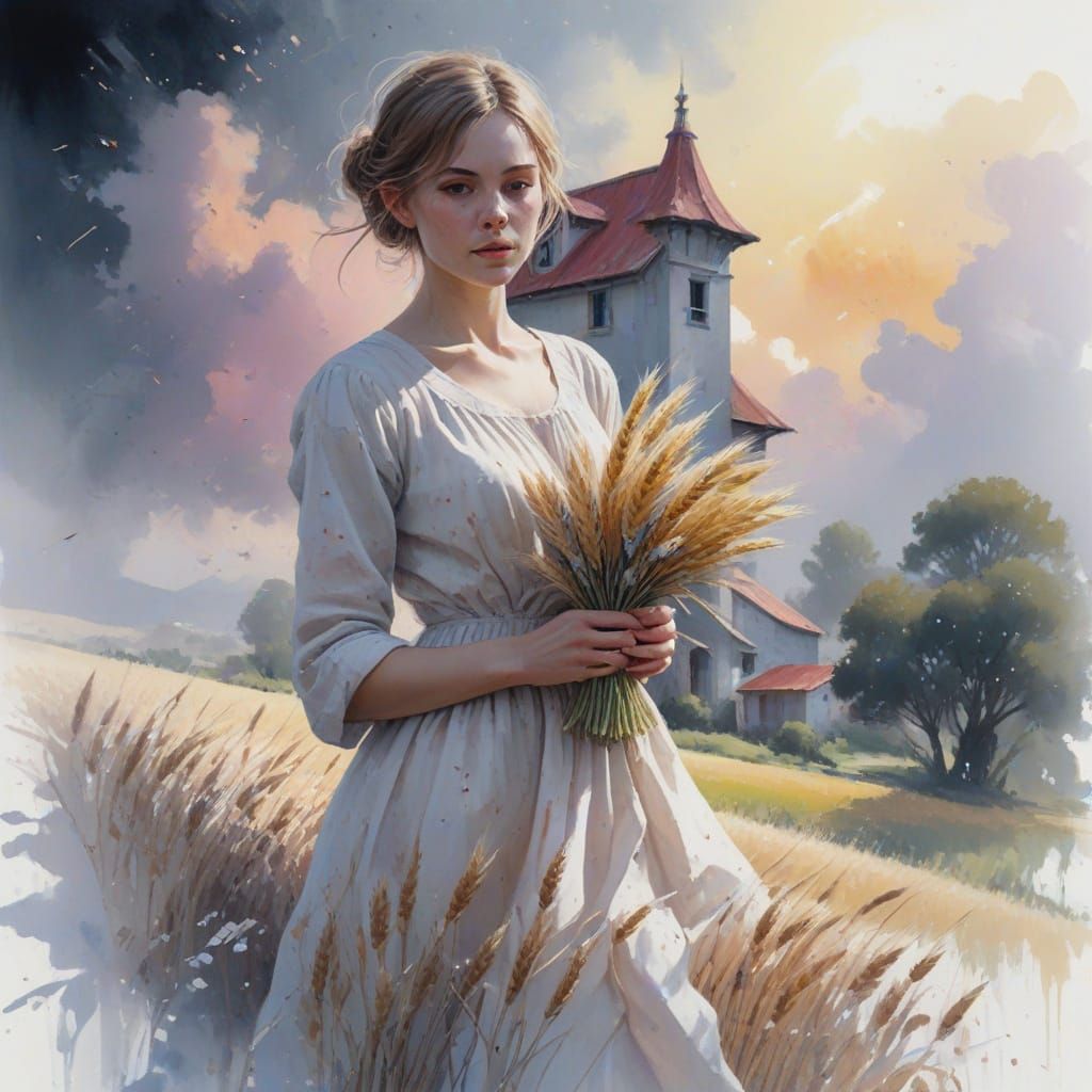 Golden Wheat Field in Neo-Impressionist Style