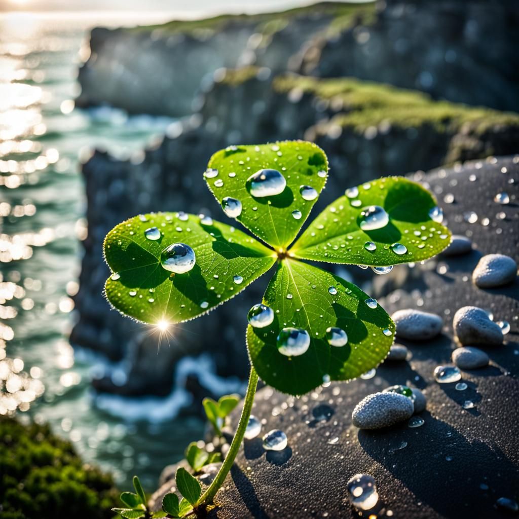 Glistening Clover on Irish Cliffs in Sunlight