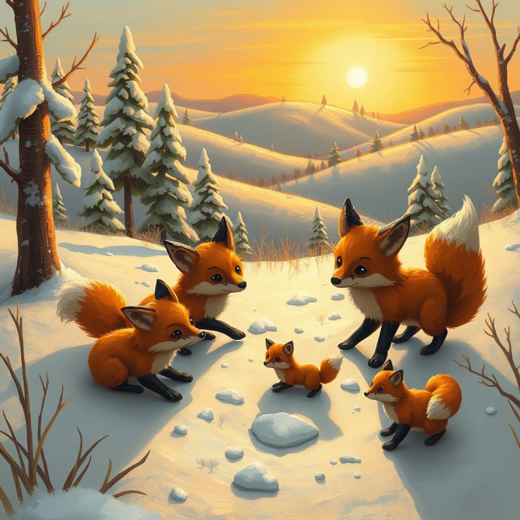 Claymation fox family playing in the snow