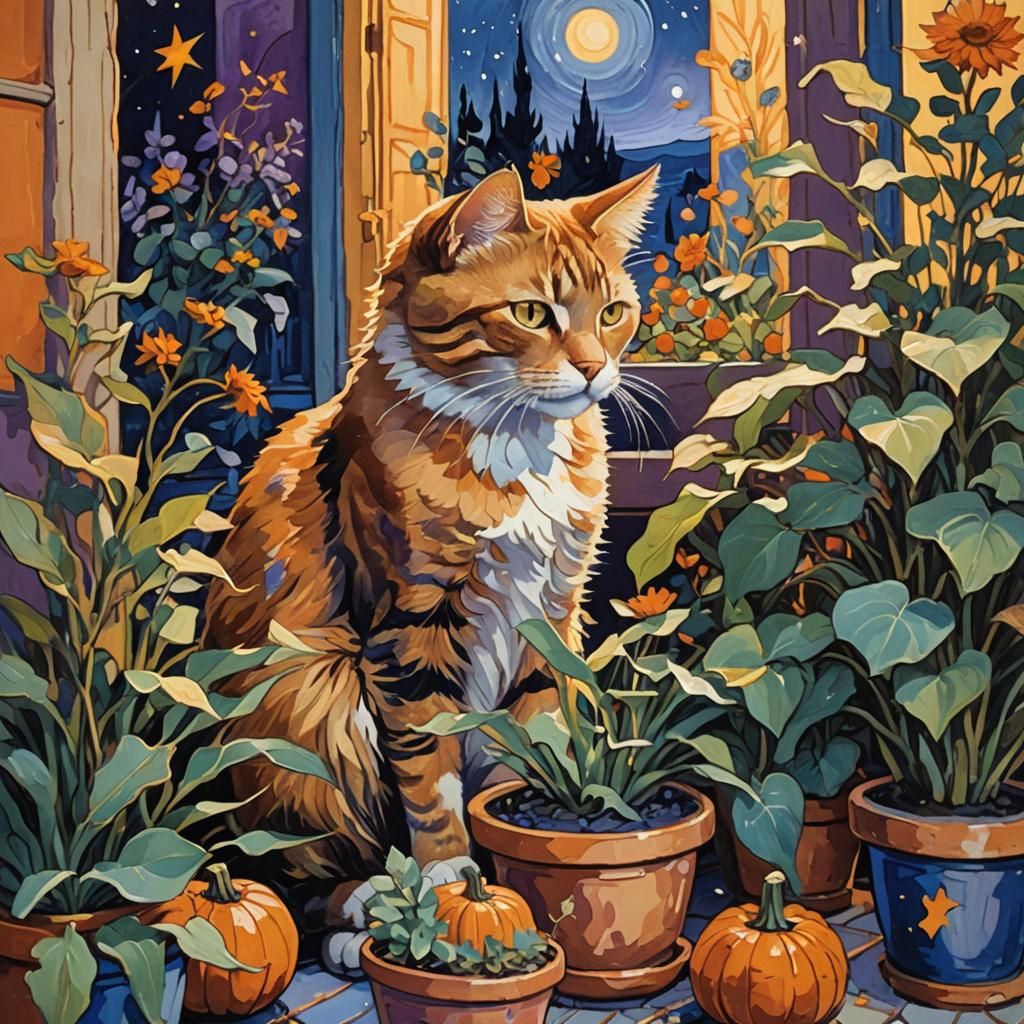 Cat with Plants in Impressionist Gouache Style