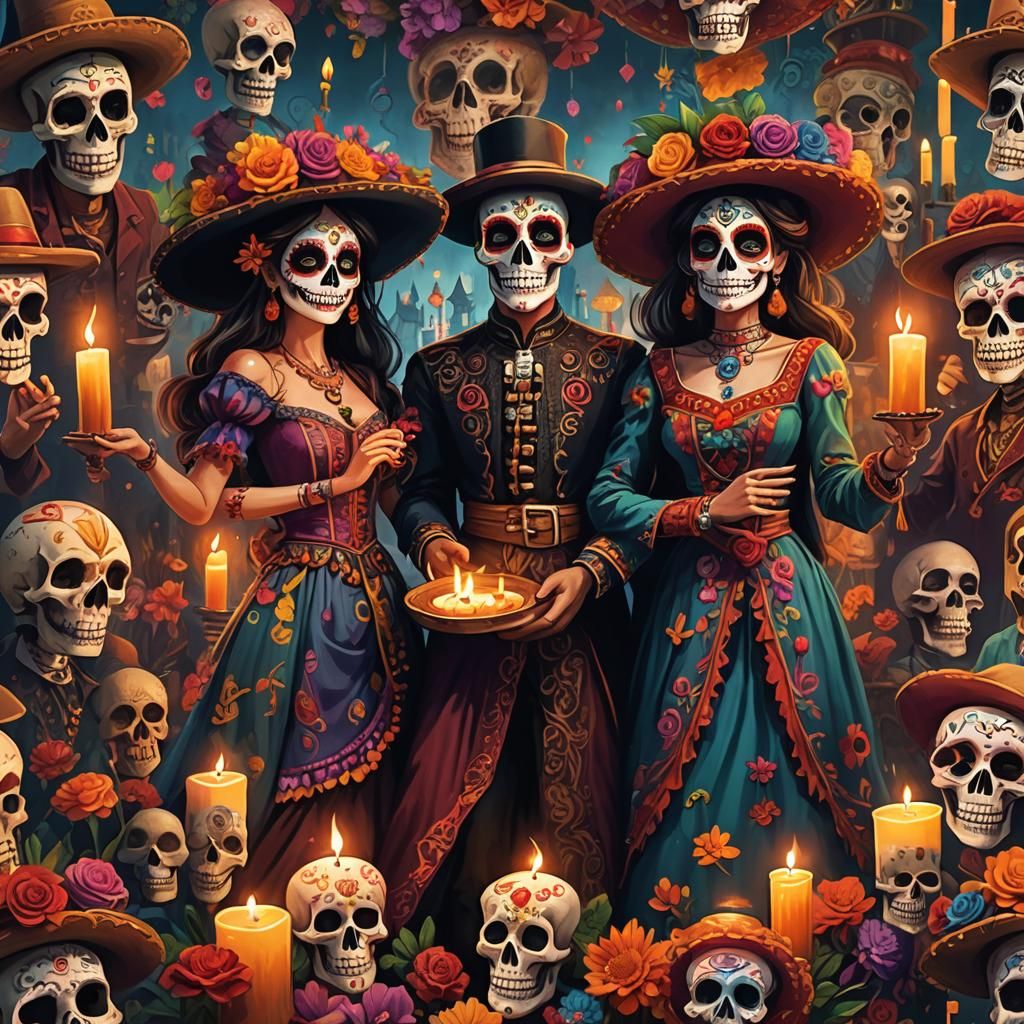 Festive Celebration with Giant Candle and Sugar Skulls