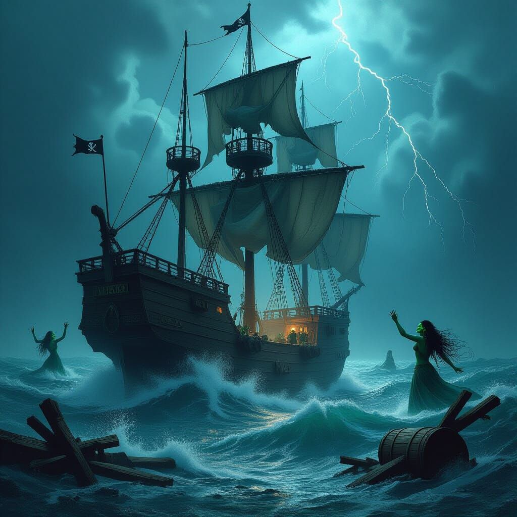 Pirate Ship Battles Sirens in Dark Fantasy Storm