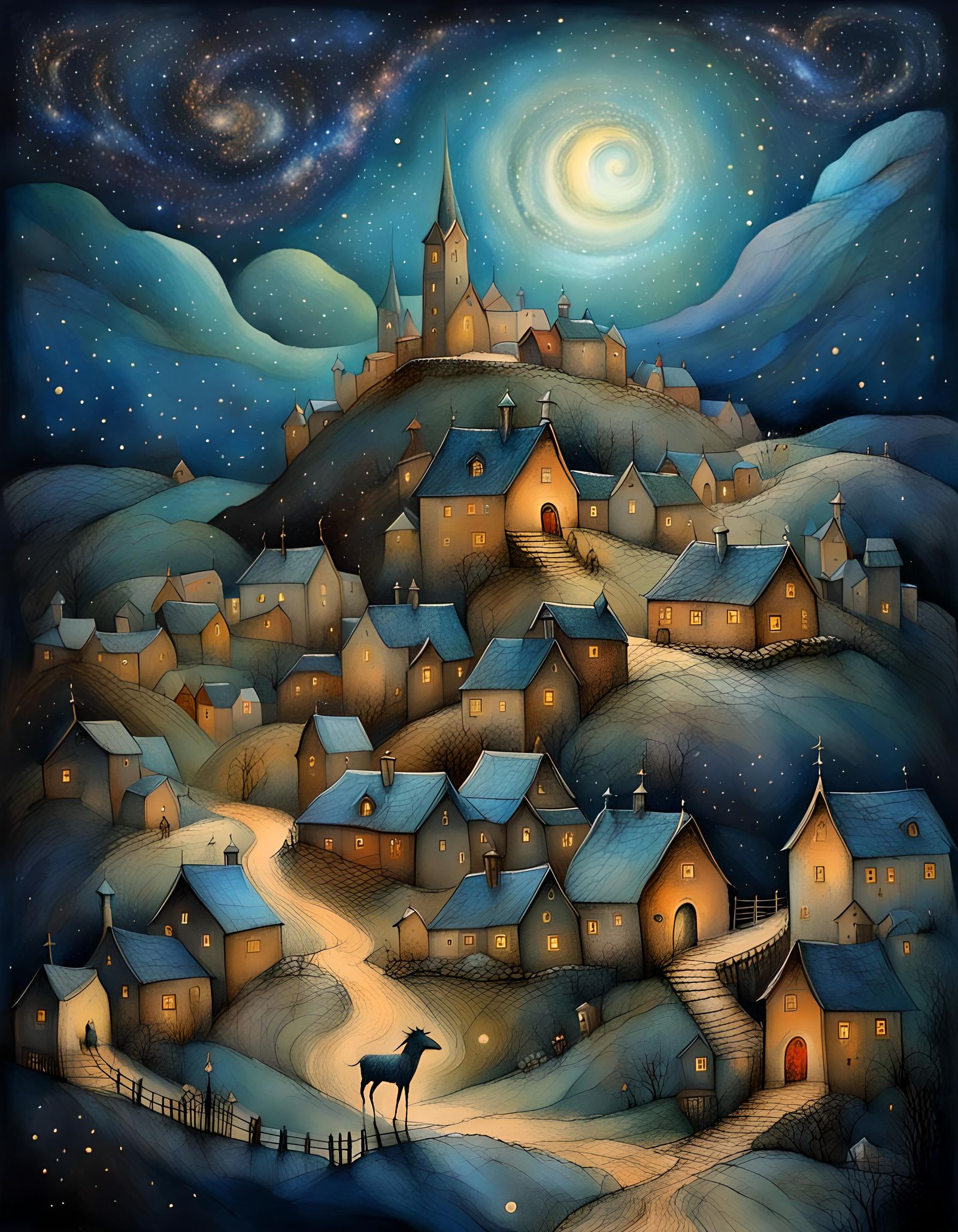 Fantasy Village Under Starry Night Sky