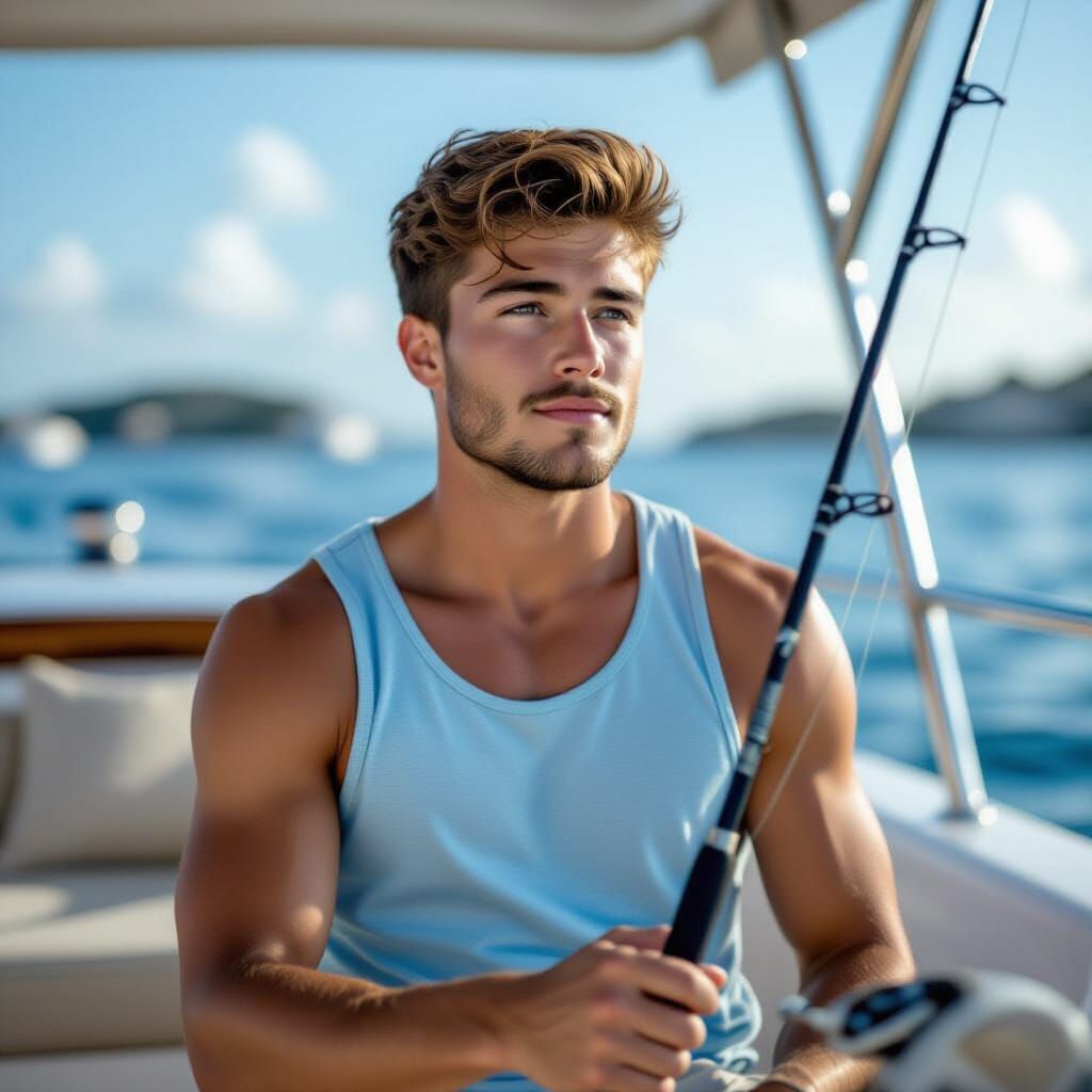 Young Man Fishing on Luxury Boat, Photorealistic Style