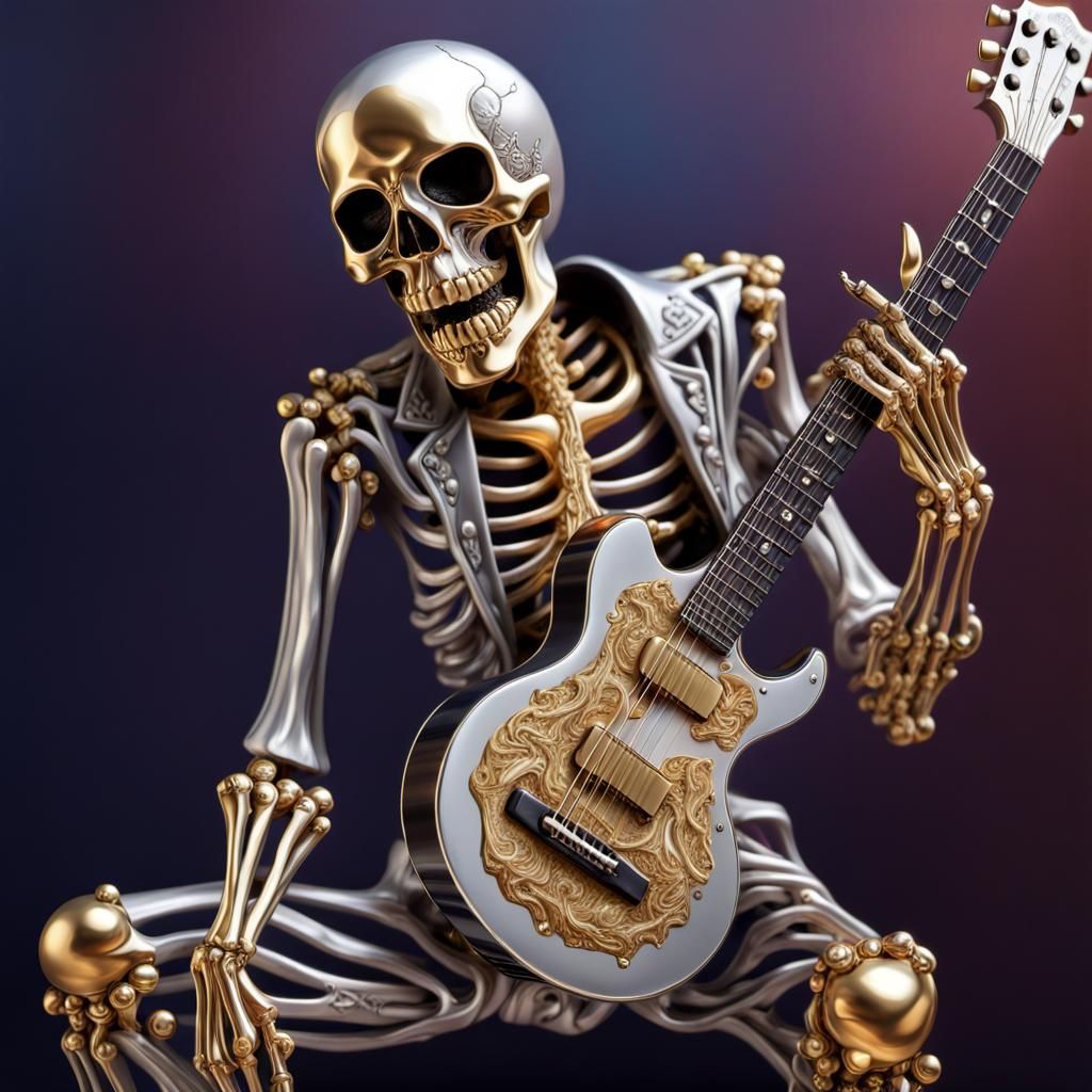 Silver Skeleton Plays Guitar: Hyperrealistic Splash Art