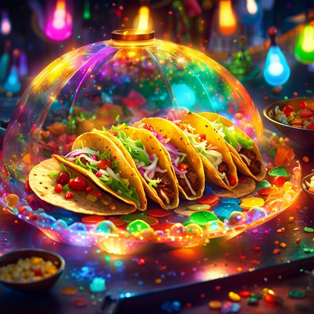 Photorealistic Taco on Crystal Plate with Lights