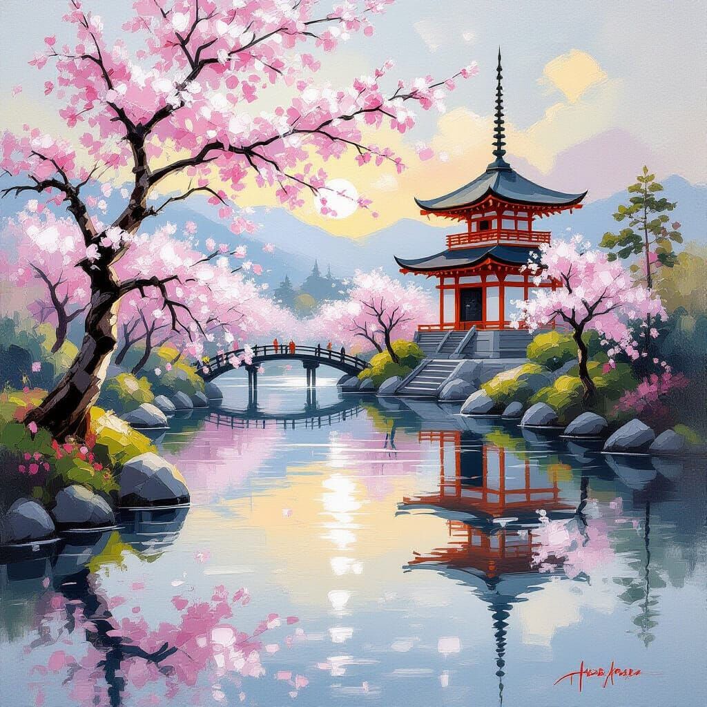 Serene Japanese Pond Landscape Painting at Dawn