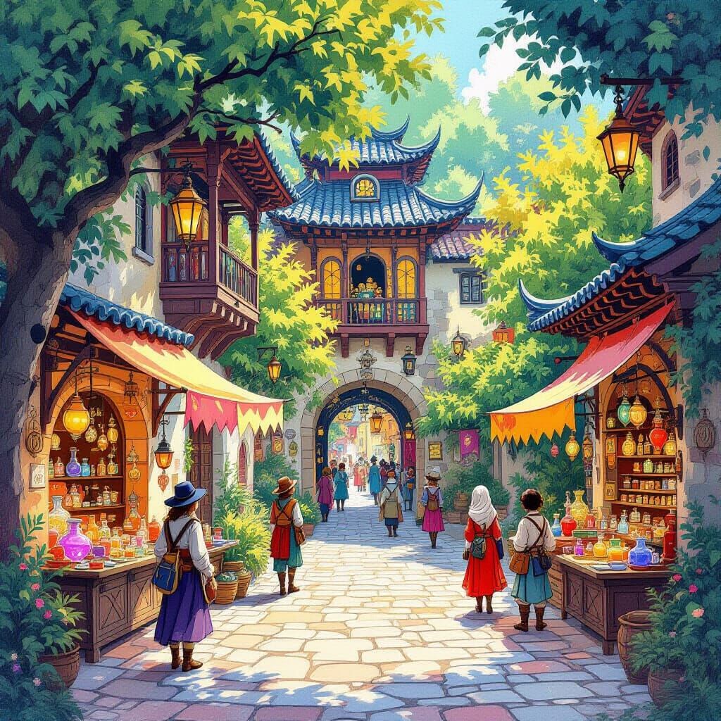 Fantasy Market Courtyard in Vibrant Gouache