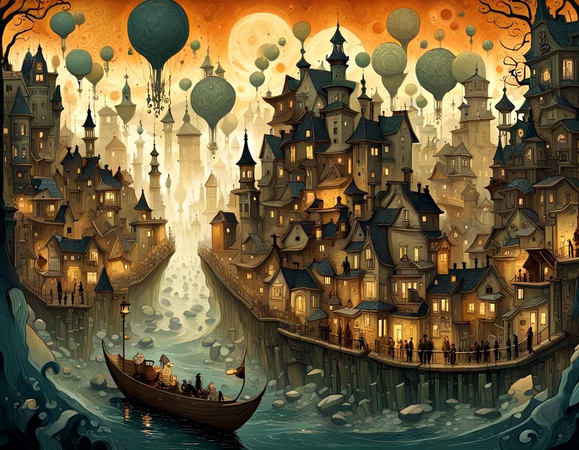Epic Dystopian Cityscape in Whimsical Folk Art Style