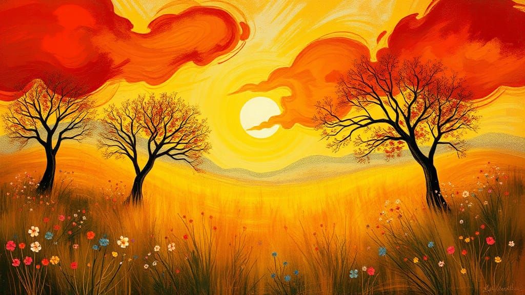 Impressionist Spring Meadow Landscape with Golden Light