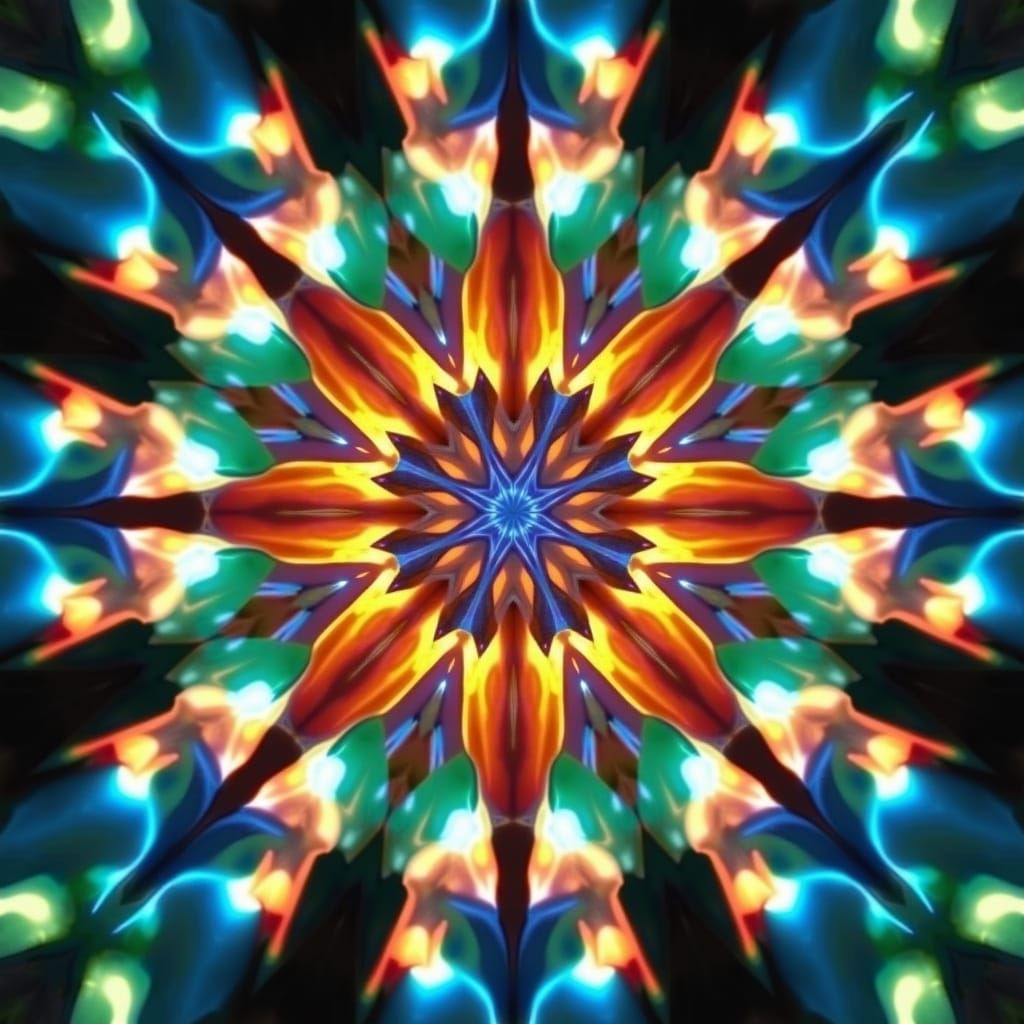 Bioluminescent Flower Refracted Through Kaleidoscope