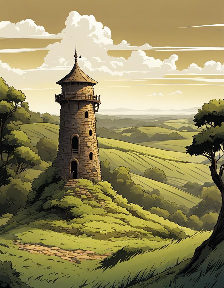 Fantasy Landscape with Distant Watchtower in Digital Comic S...
