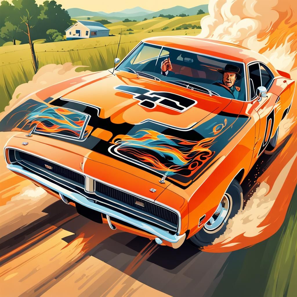 General Lee: Retro Illustration of Classic Muscle Car