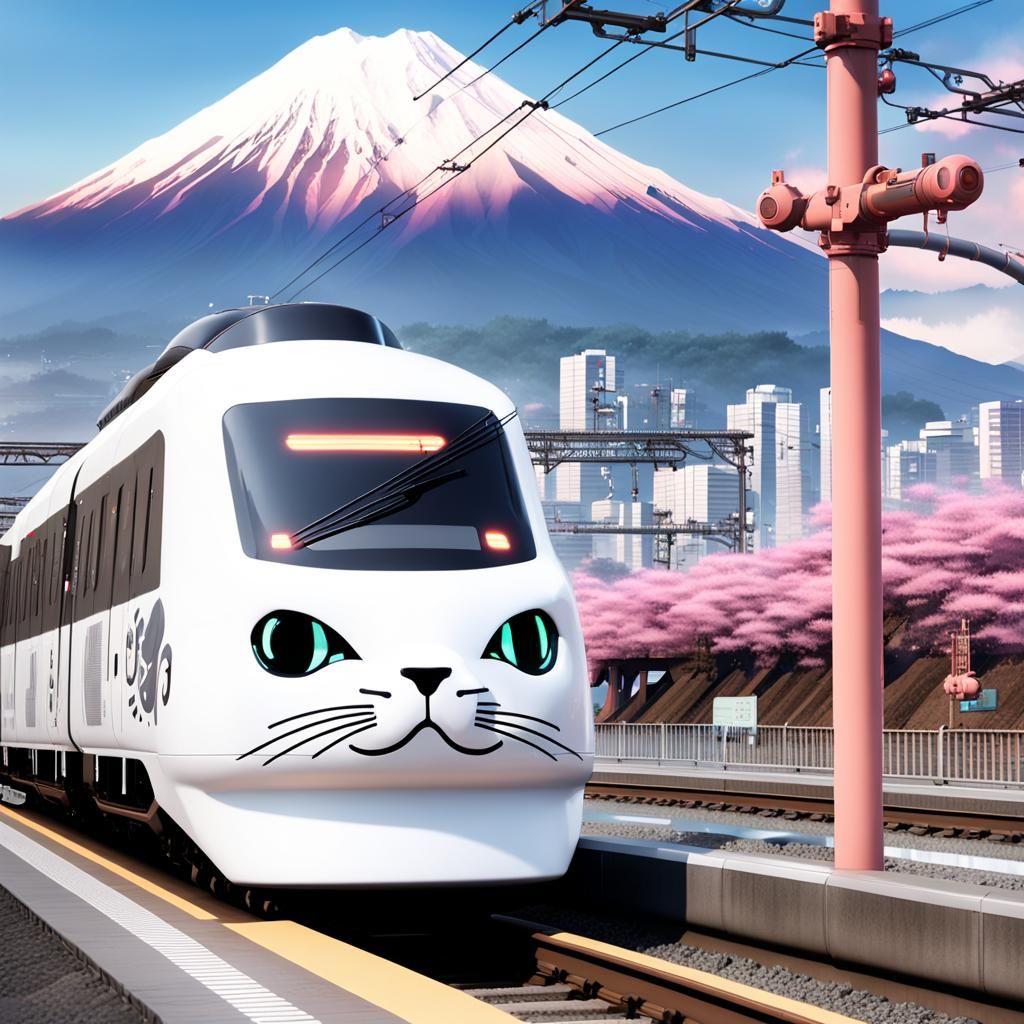 Cat-Shaped Cyberpunk Train in Japan with Mount Fuji