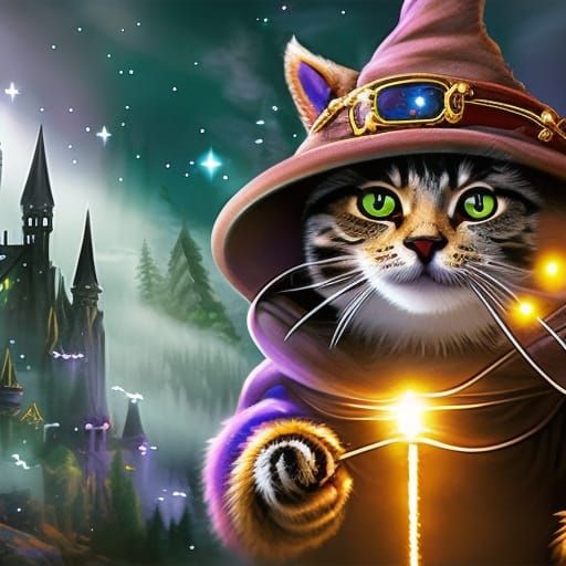 Cartoon Kitty Wizard in Mushroom Wonderland