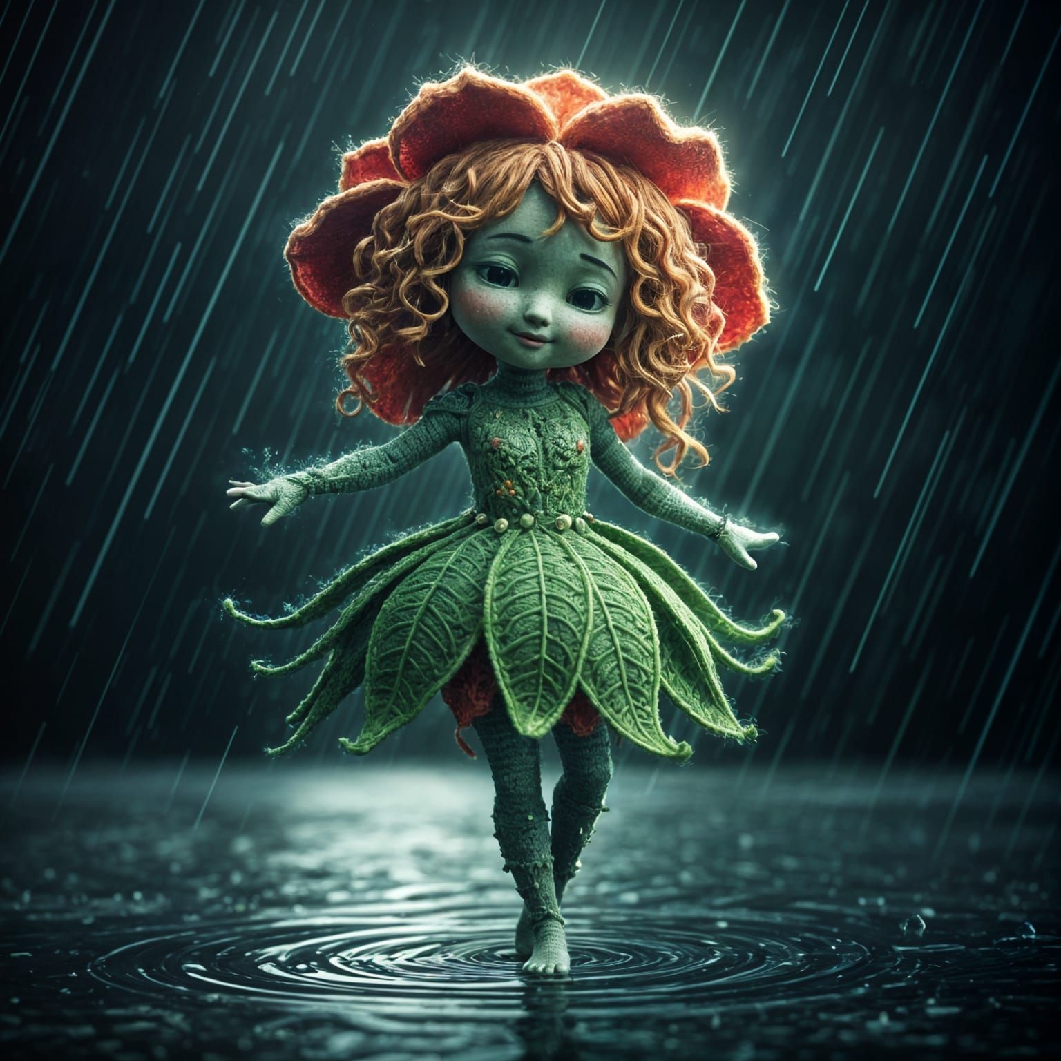 Crocheted Flower Girl Dancing in the Rain