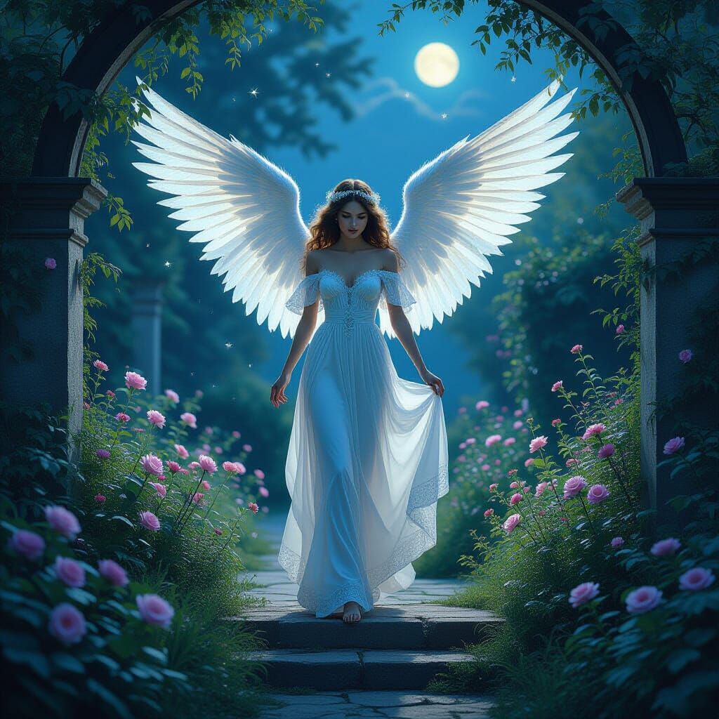 Starlight Angel Descends into Twilight Victorian Garden