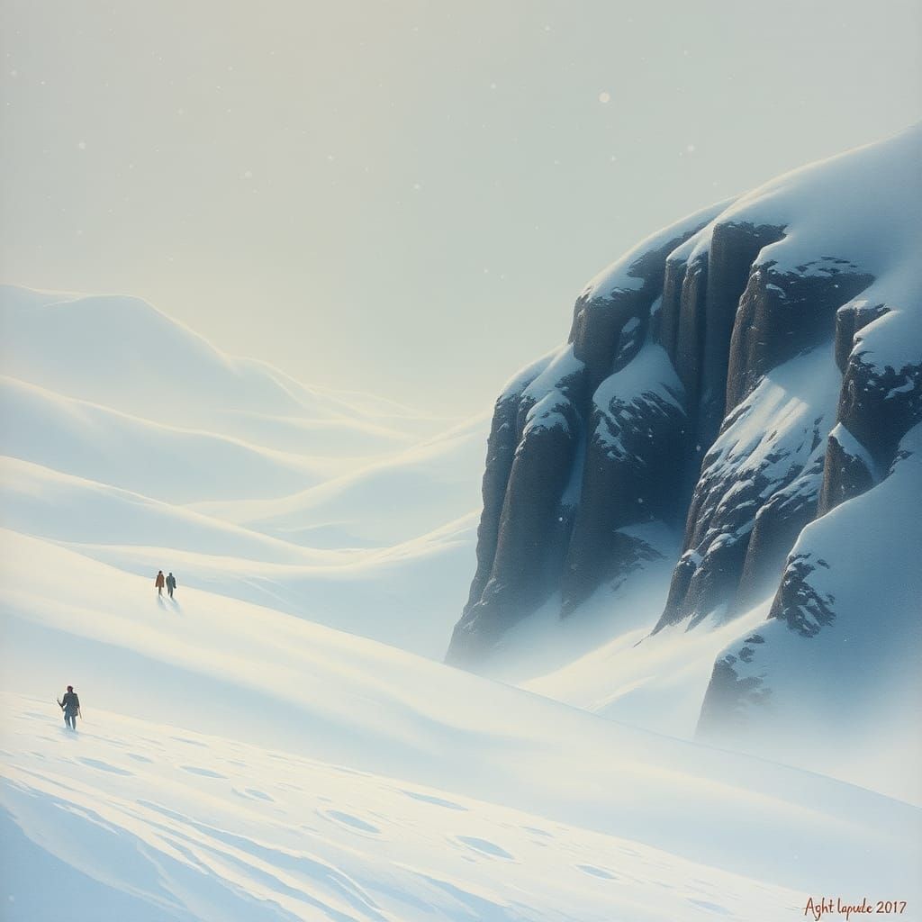 Winter Landscape with Pioneers, Dreamy Watercolor Style