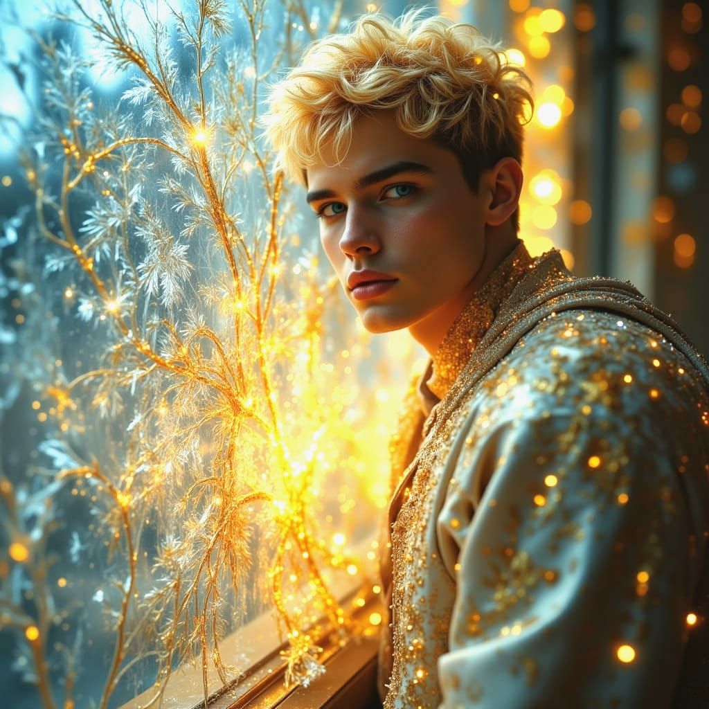 Ethereal Blond Man in Jewel Tones with Frosty Window