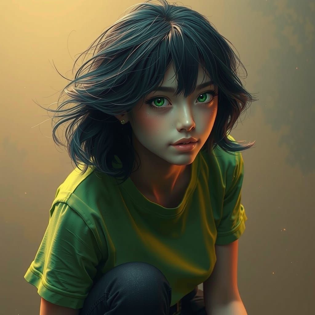 Ethereal Green Girl in Moody Hyperrealistic Environment