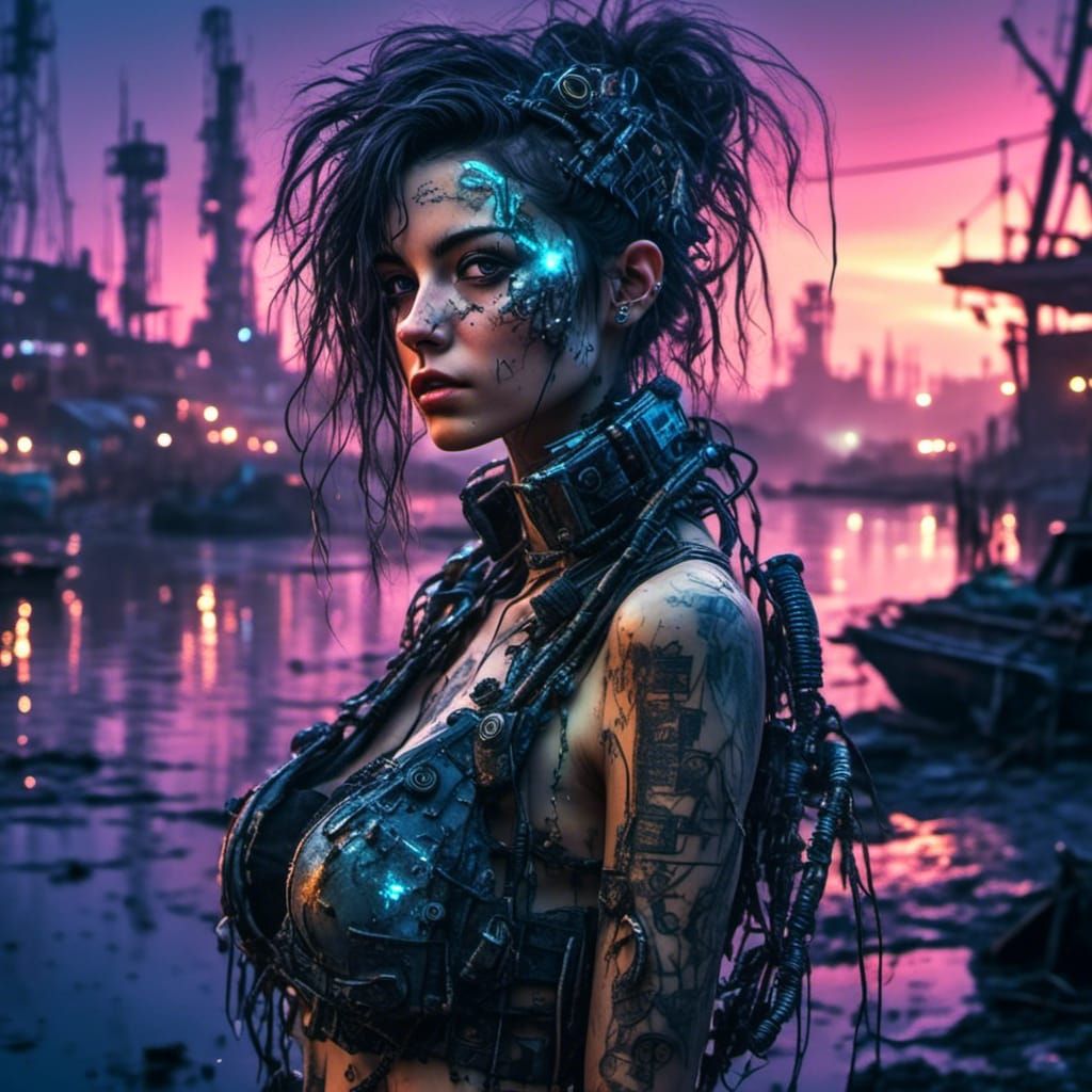 Cyberpunk Cyborg in Abandoned Wasteland at Night