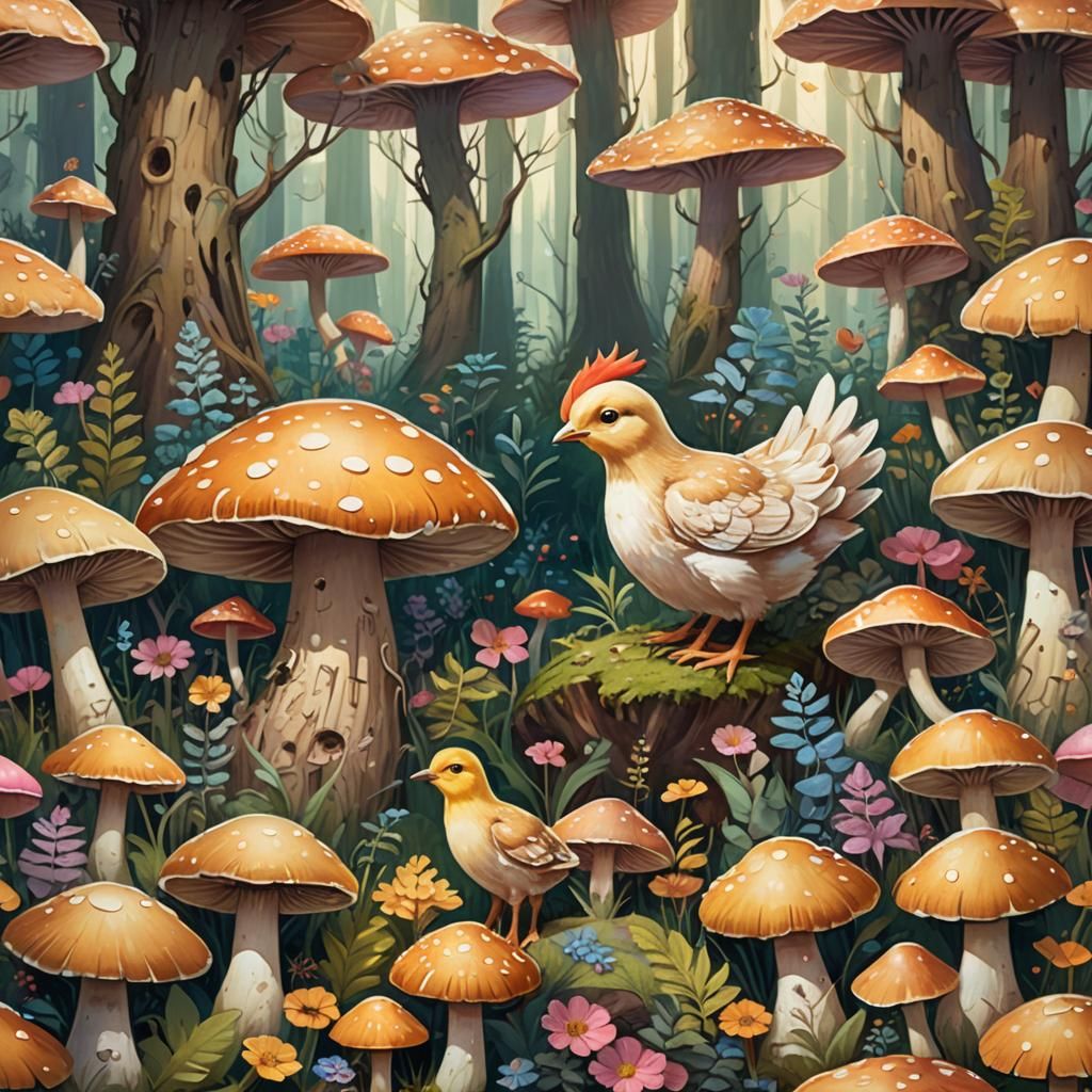Whimsical Chick in Fantasy Forest Illustration