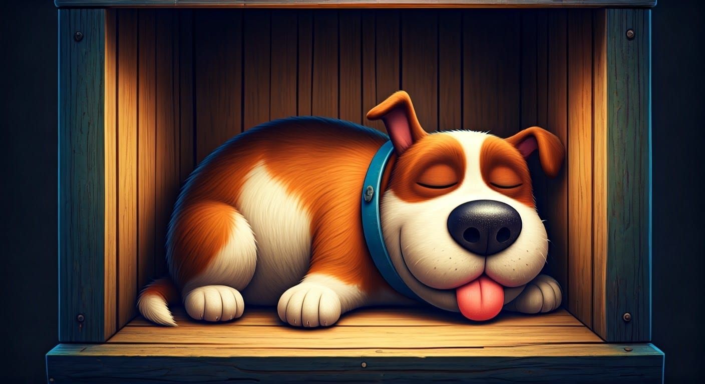 Cartoon Dog Nap in Rundown Doghouse