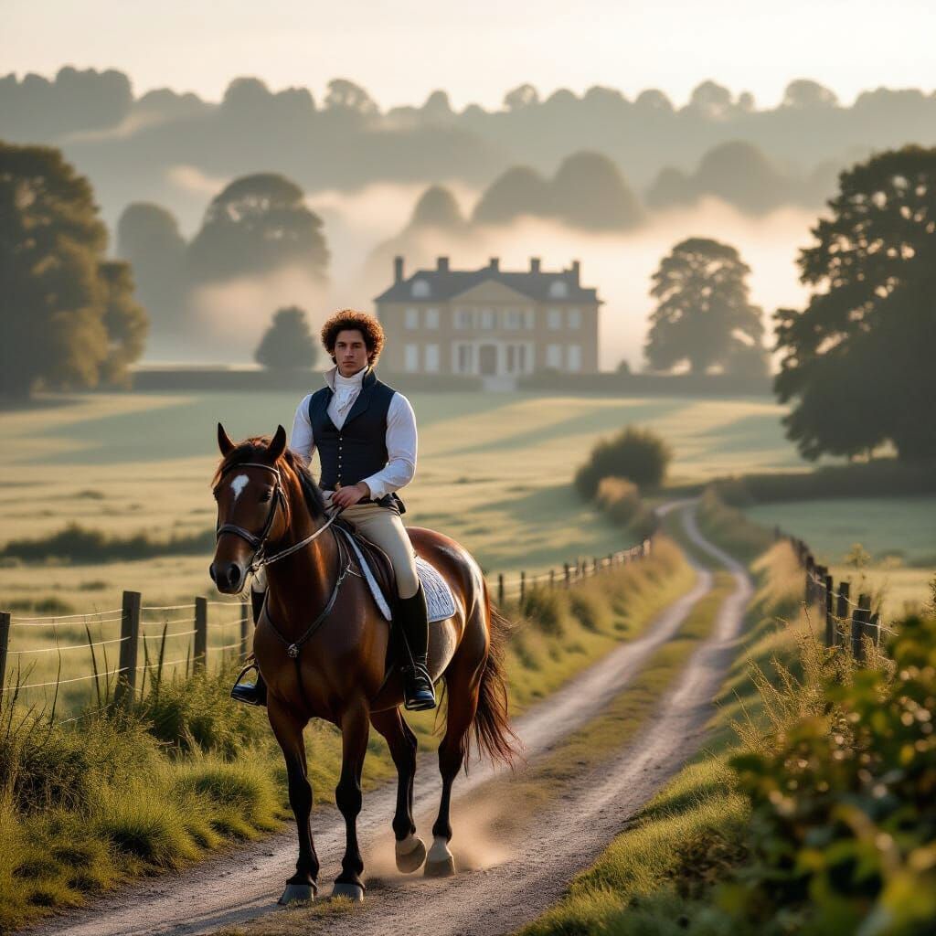 Regency Gentleman Rides Horse Through Misty English Countrys...