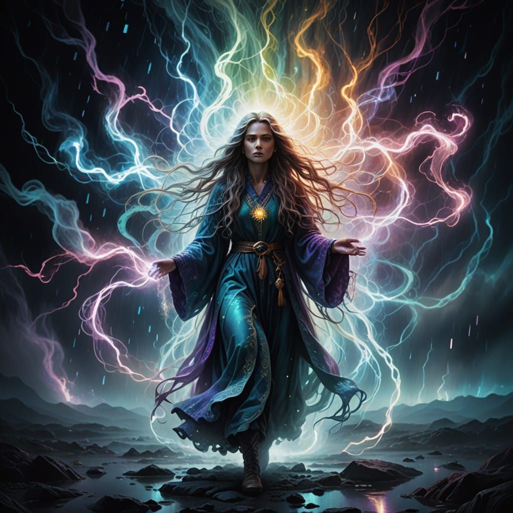 Surreal Wizard Woman Amidst Translucent Lightning