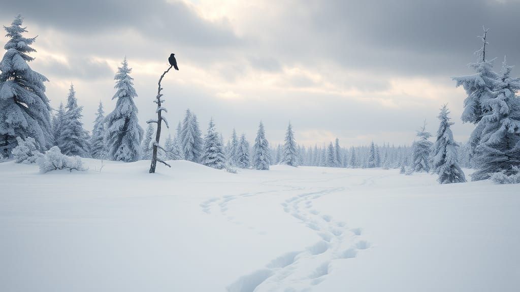 Still Snowy Landscape with Wolf Tracks and Crow