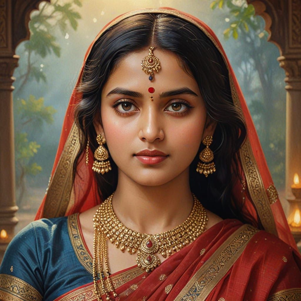 Elegant Indian Princess in Ornate Red and Gold Sari