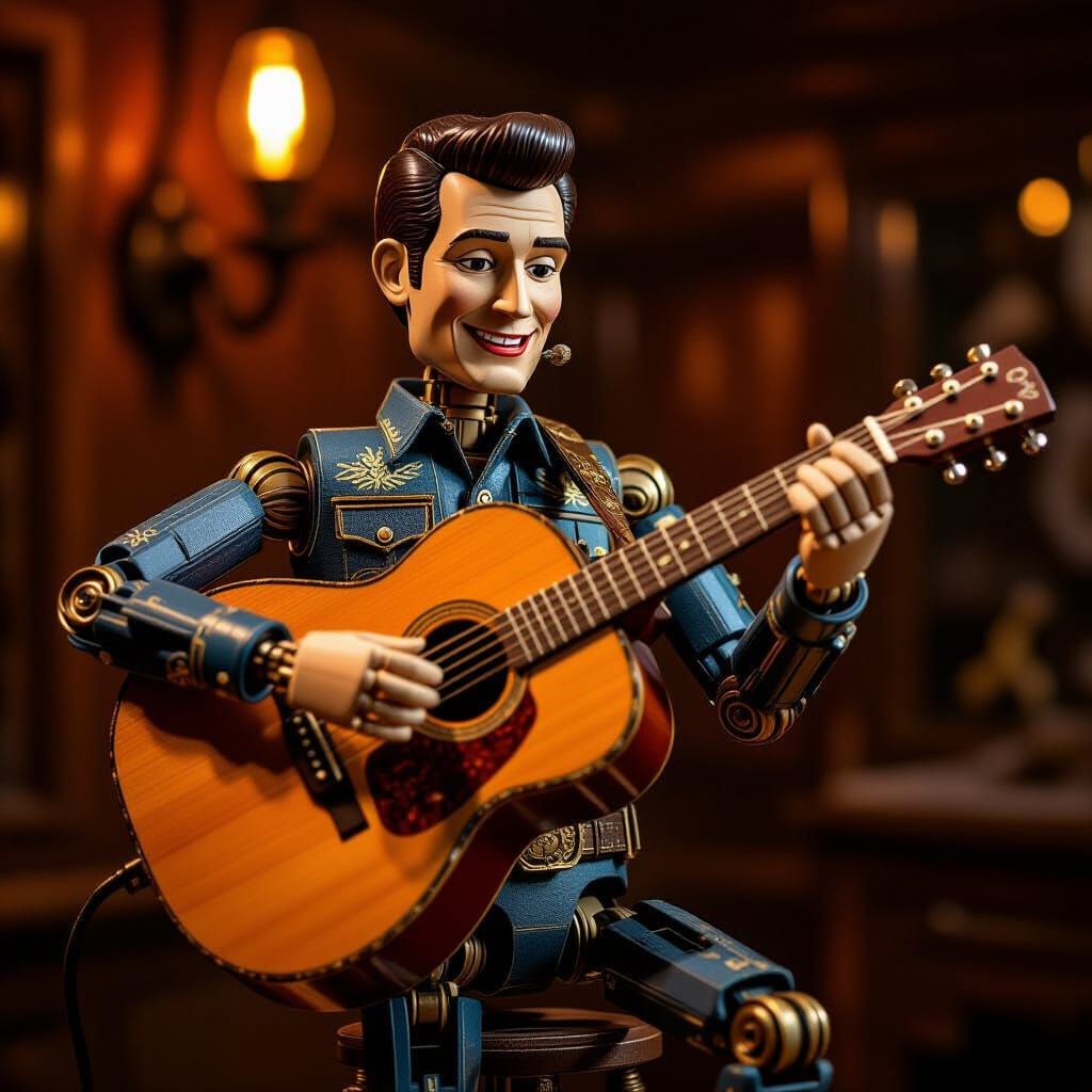 Wooden Automaton of Johnny Cash Playing Guitar