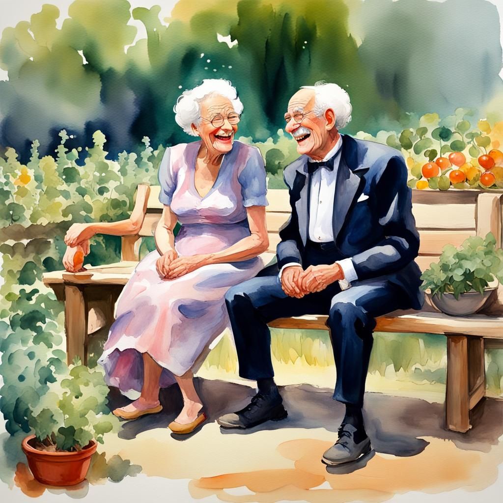 Laughing Couple in Garden, Watercolor Gouache Style