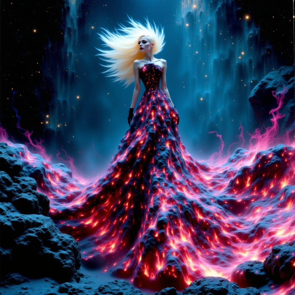 Punk hairstyle, embodying dark glamour and fierce elegance, wearing a dramatic neon volcanic dress