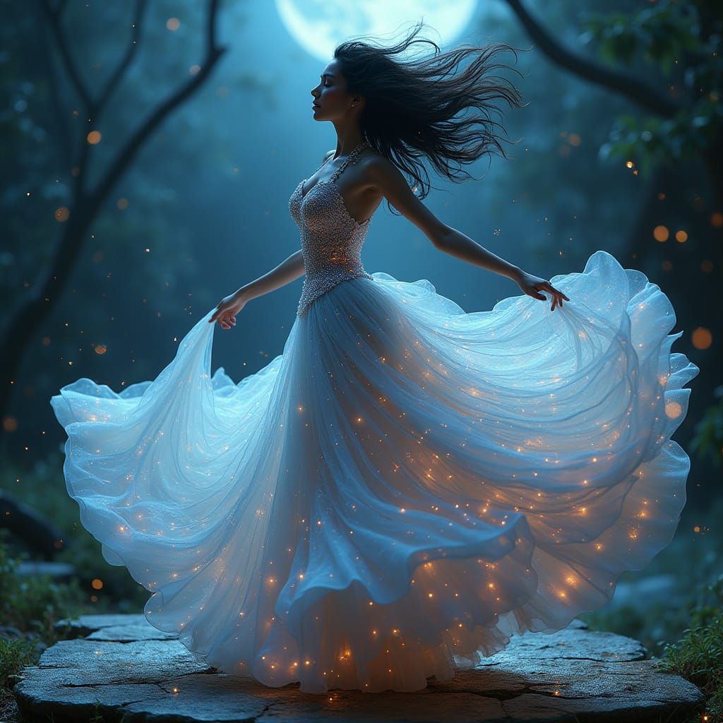 Dancing Woman in Iridescent Dress Under Moonlight