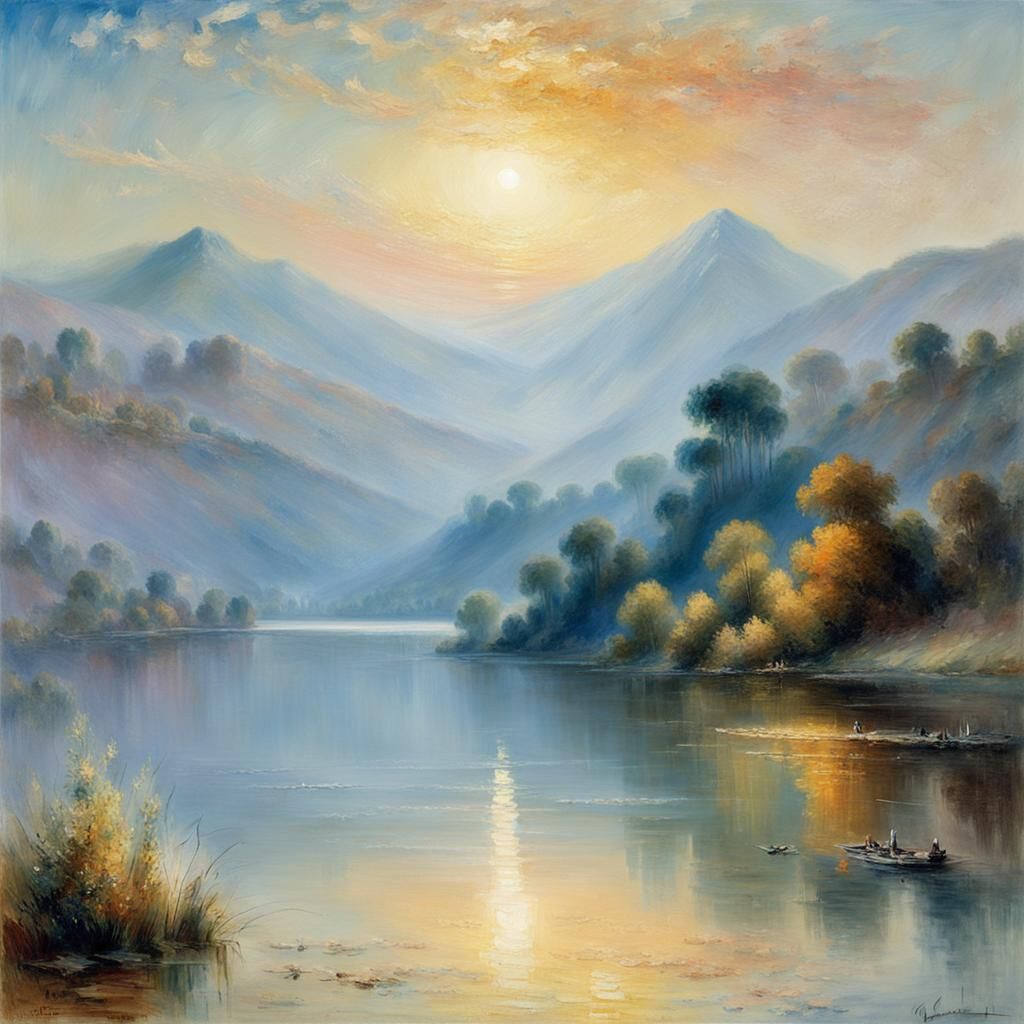 Art by J.M.W. Turner, Claude Monet, capturing a landscape bathed in iridescent light, shimmering hues reflecting off a t...