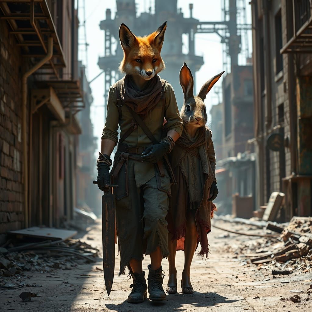 Fox and Rabbit Figures in Post-Apocalyptic Steampunk City