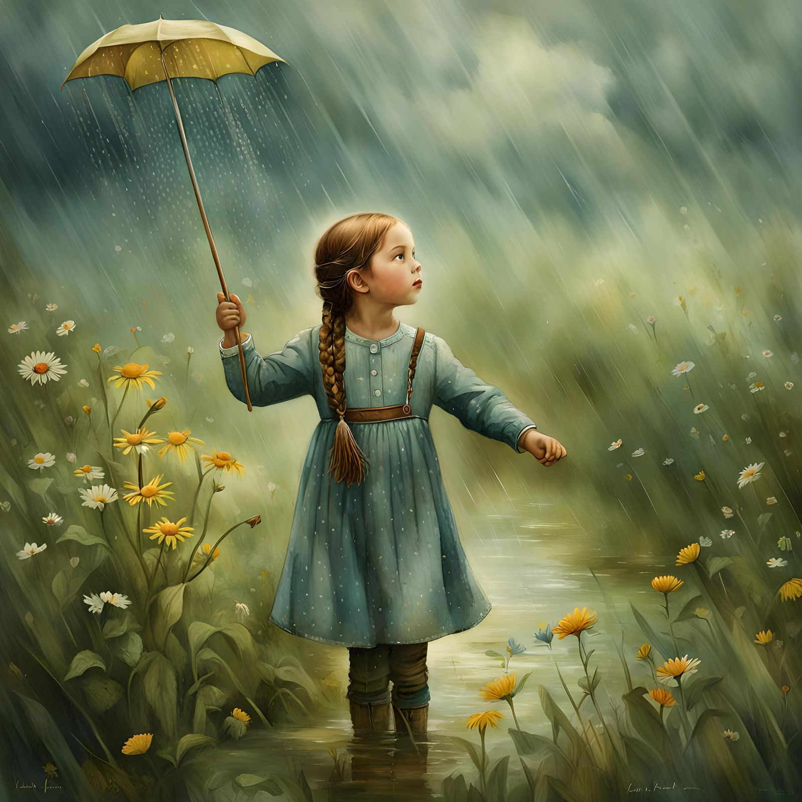 Children Play in Rainy Wildflower Field as Impressionist Pai...