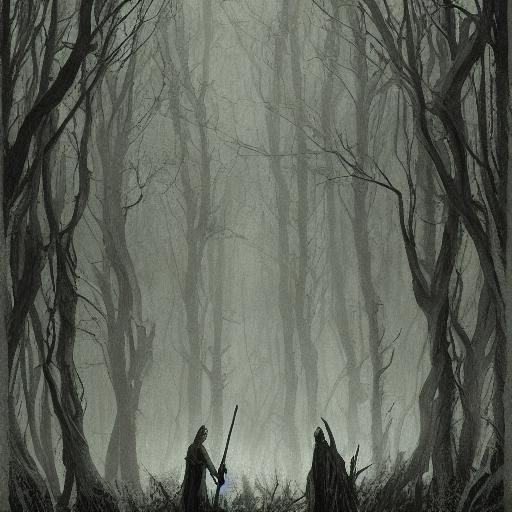 Dark Fantasy Landscape with Twisted Tree in Ink Illustration