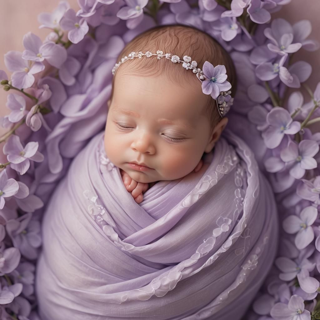 Ethereal Newborn: Baby in Violet Dreamscape