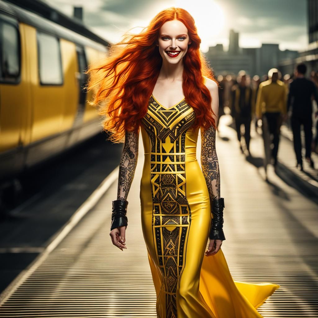 Catwalk Fashion in 2030: Woman in Yellow Latex Dress