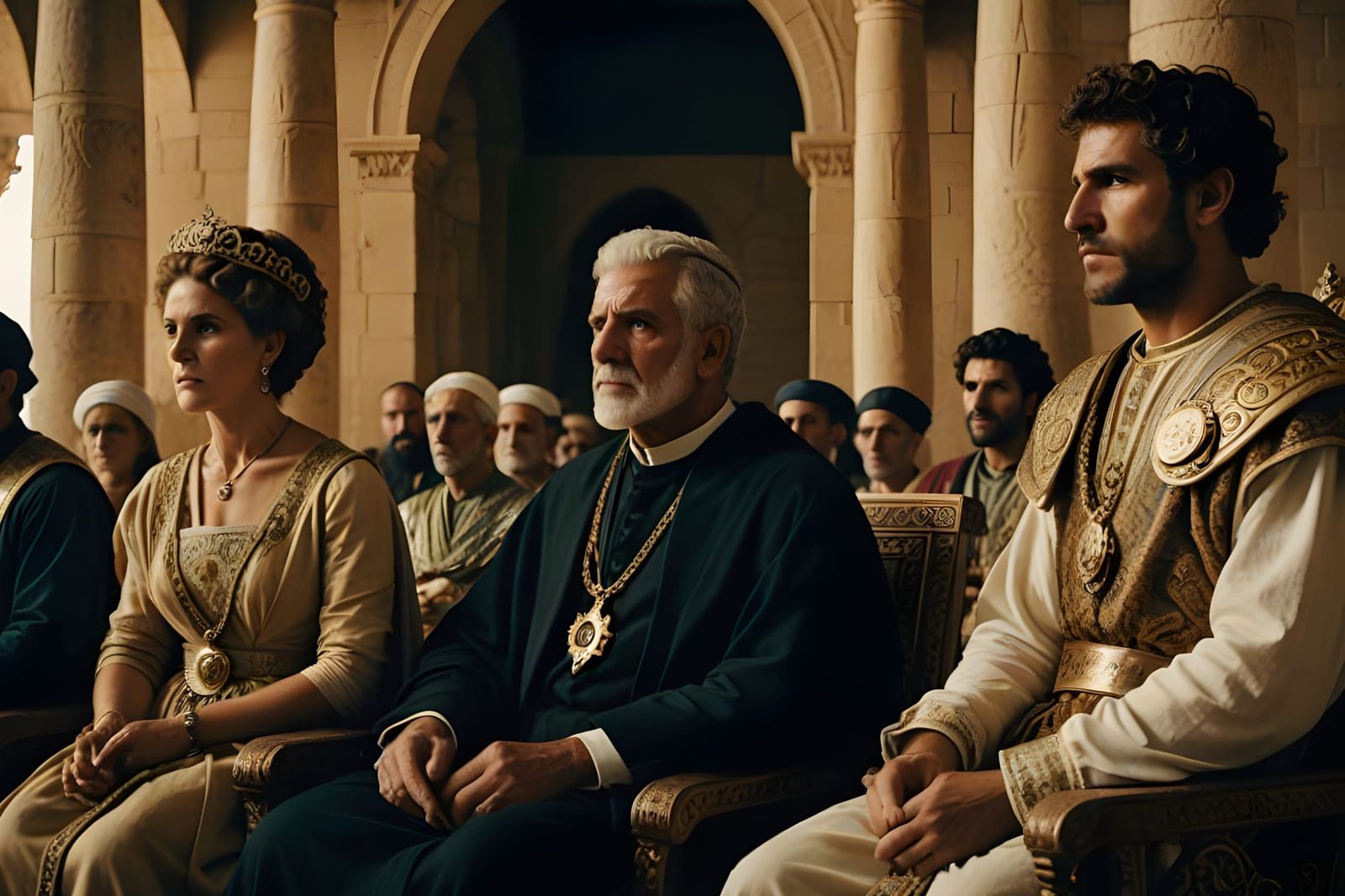 Majestic Throne Room Scene with King Agrippa, Queen Bernice,...