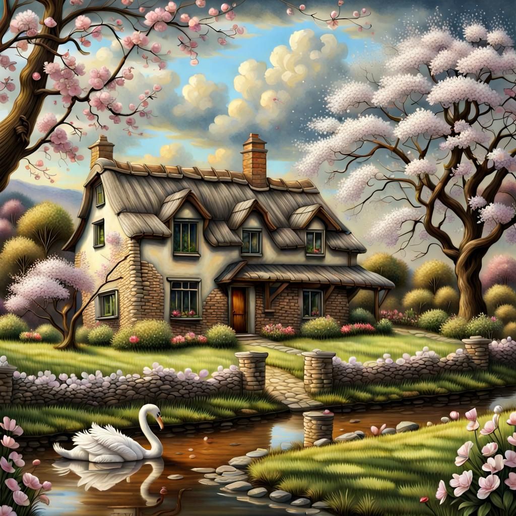 Rustic Stone House in Apple Orchard Painting