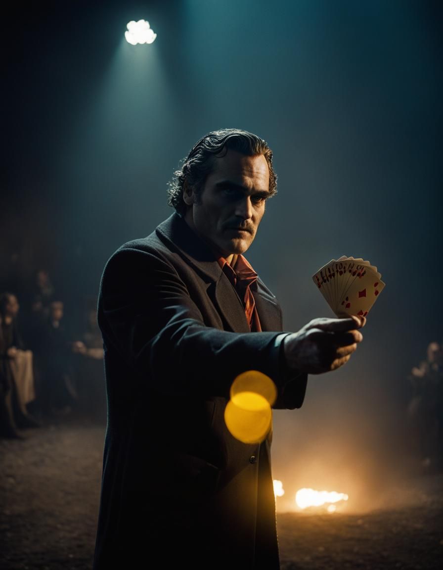 Cinematic Film Still of Joker Holding Cards
