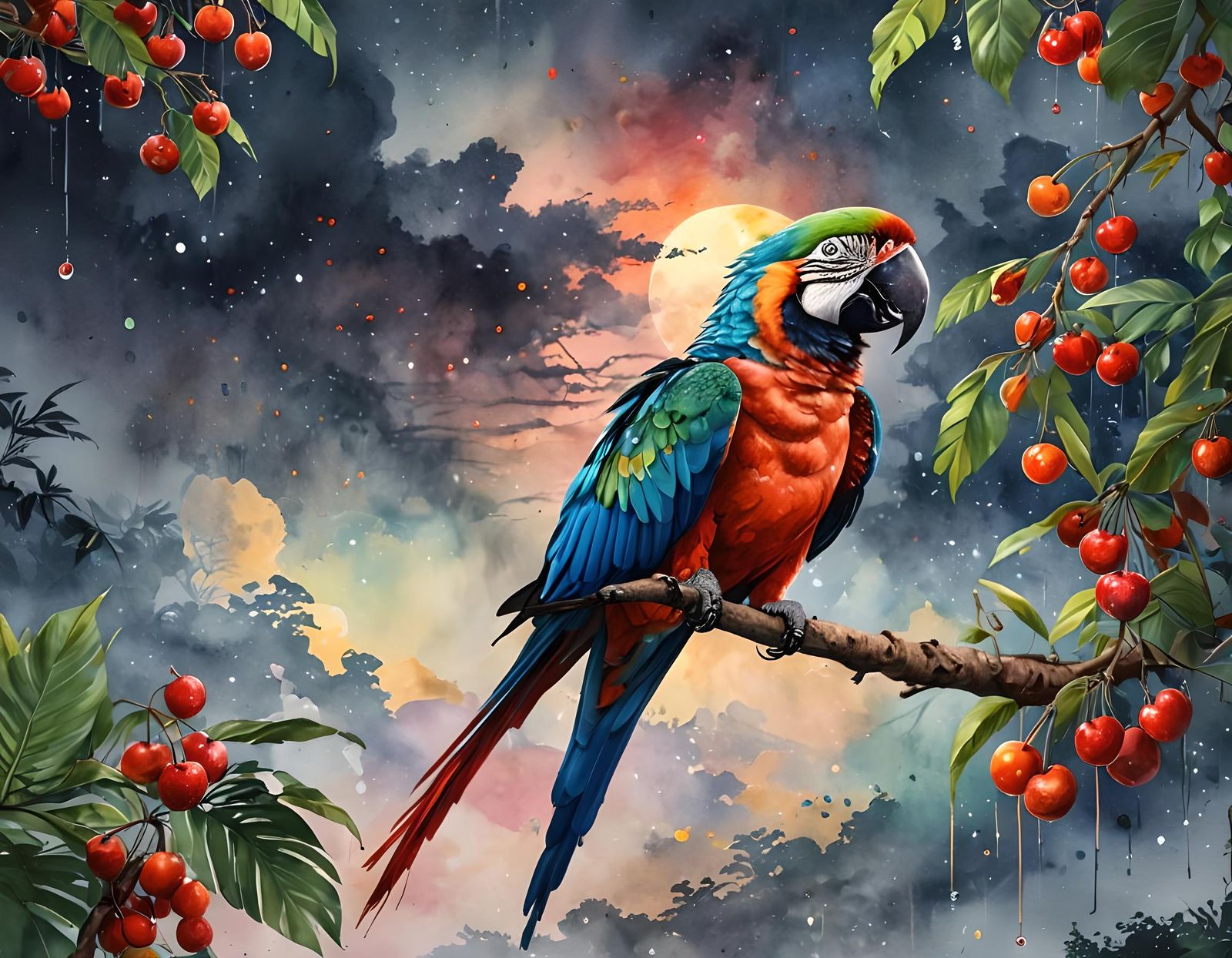 Macaw Parrot in Rainforest at Sunset, Watercolor