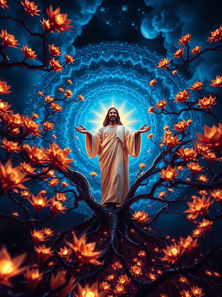 Otherworldly Tree of Life with Glowing Roots and Neon Flower...